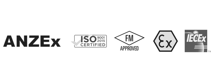 FLOMEC certifications logos. ISO, FM, EX, IECEX and ANZEX
